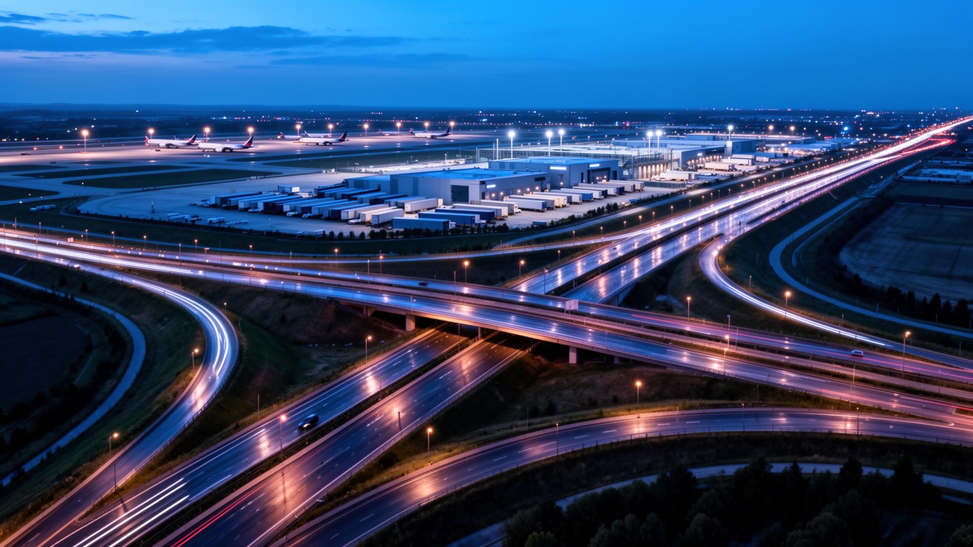 Aerial of ring road, airport and logistics ecosystem at dusk